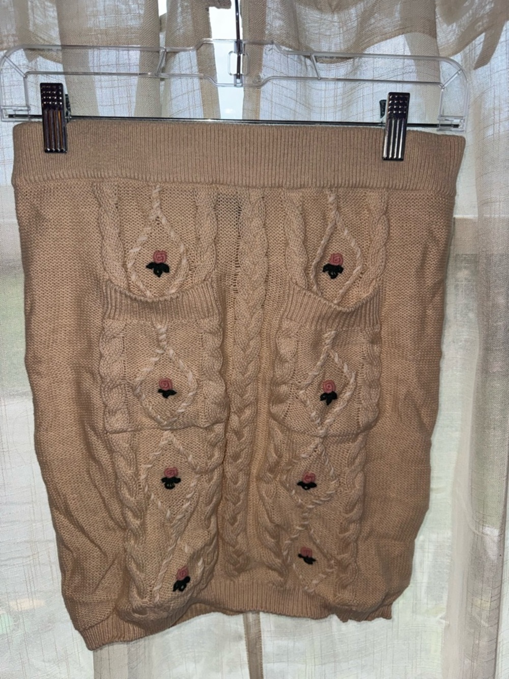 MAJORELLE Beige Cable-Knit Mini Skirt with Rose Embroidery